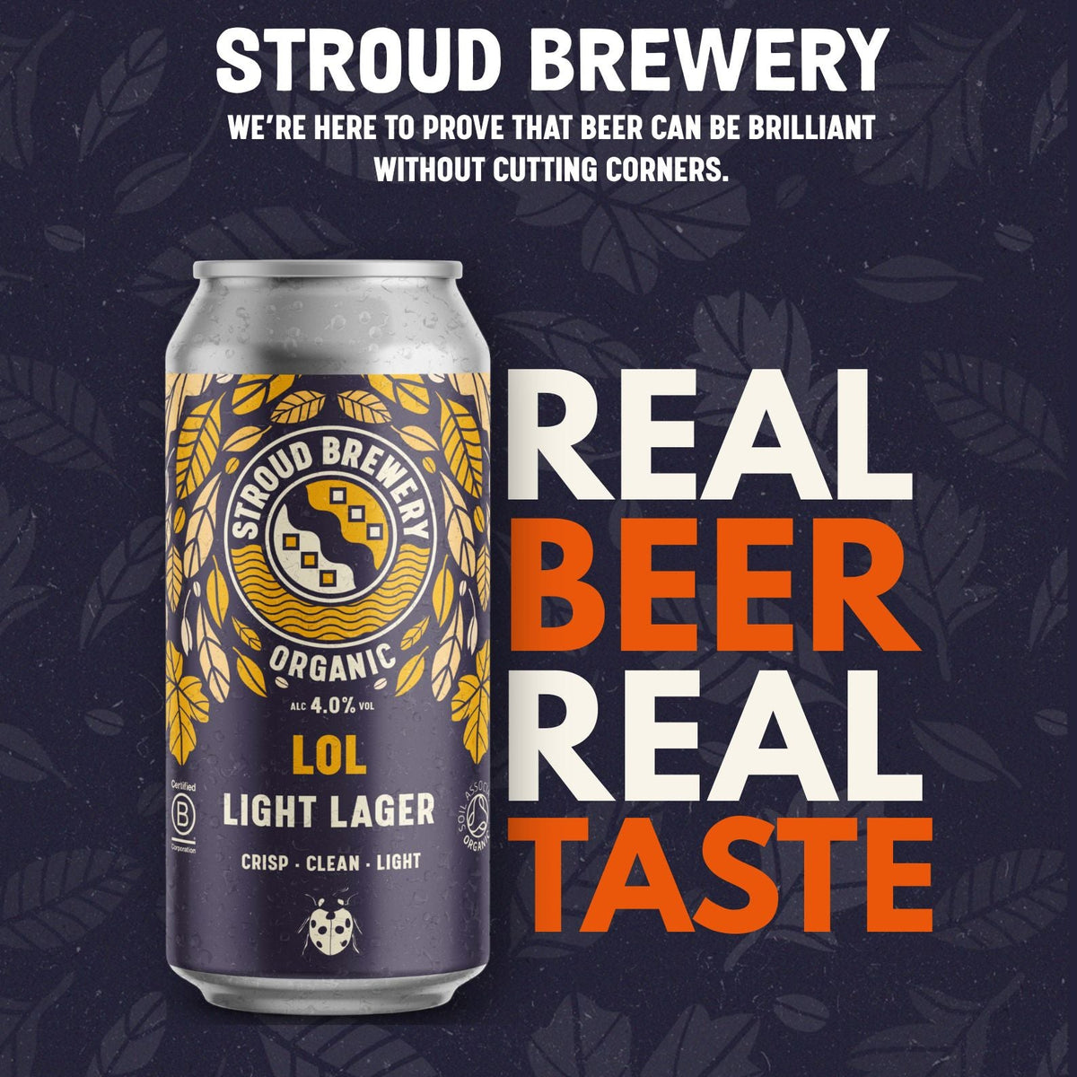 Stroud Brewery can with branding and text on a dark background